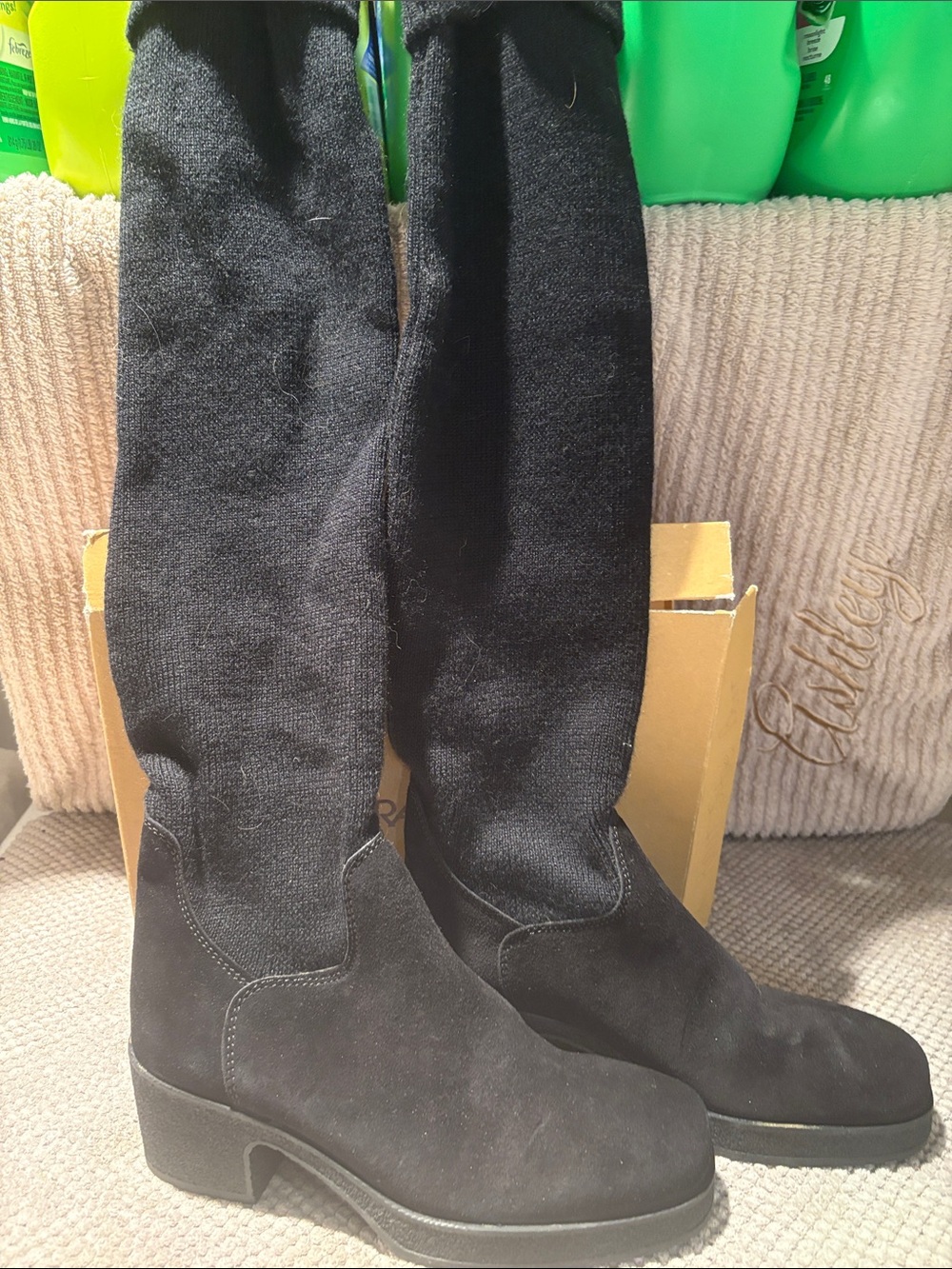 Women's Over-the-Knee Black Suede Boots with Block Heel